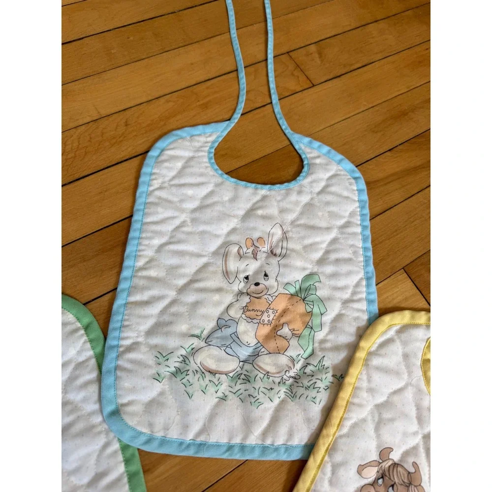 Vintage Precious Moments Quilted Baby Bibs Set of 3 Bunny Bear Cow Pastel Tie